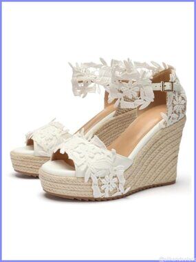Womens Lace Wedge Sandals Open Toe Buckle Ankle Strap Wedding Party